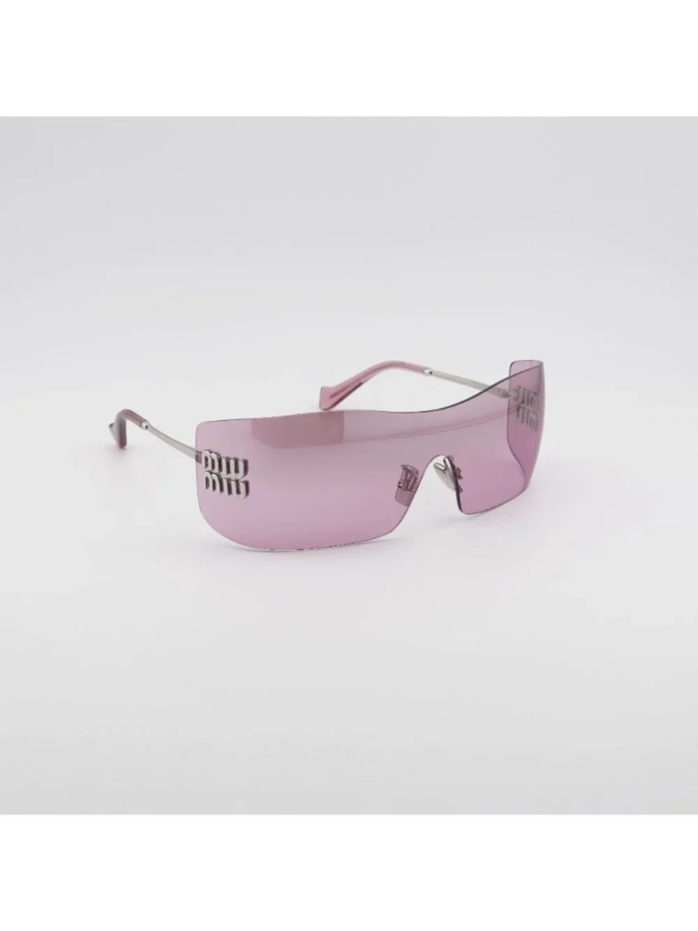Miu Miu MUB53S 1BC70Y Sunglasses Silver Rimless Shield Frame, Pink Lenses